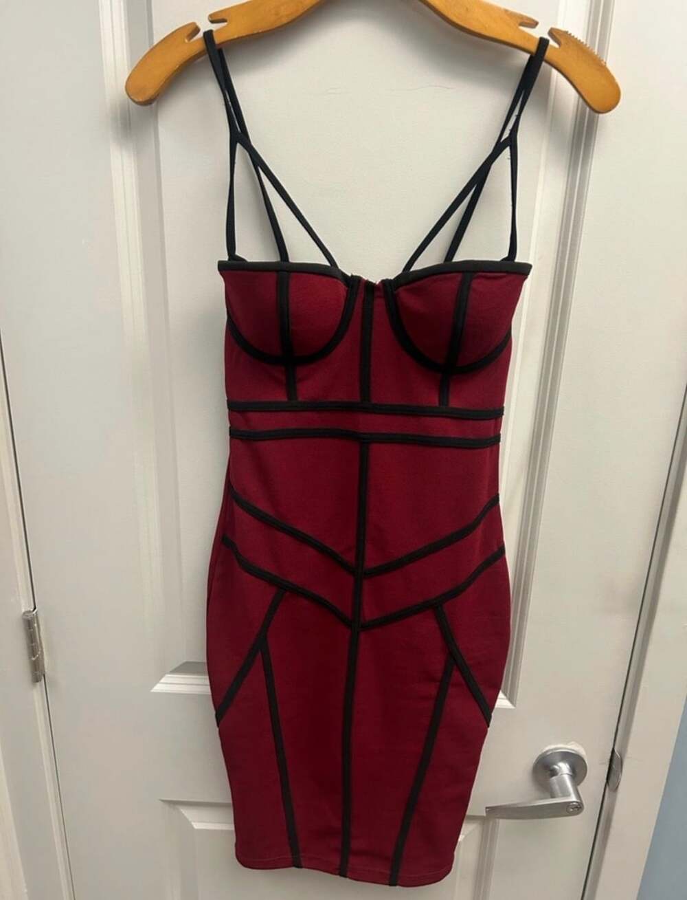 Privy Corset Bodycon Dress Size S Burgundy Black Piping Mini